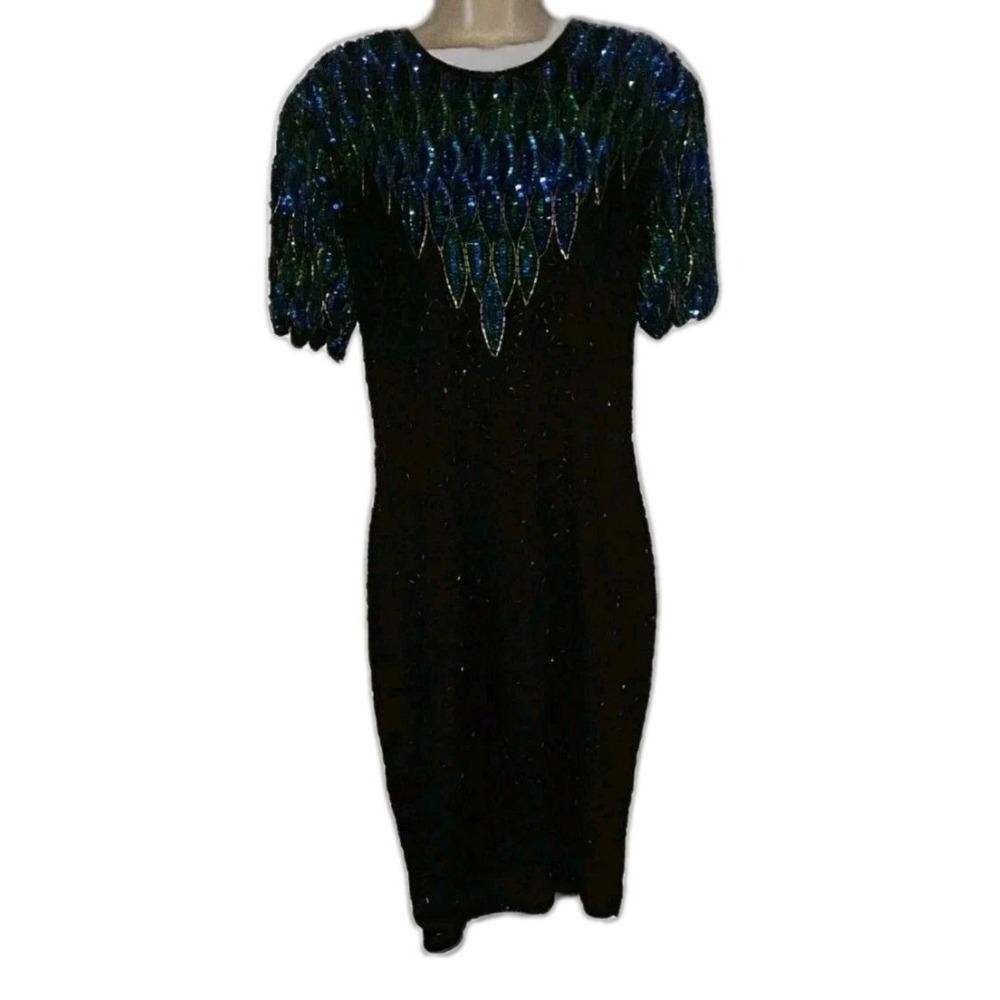 Vtg Stenay Size 8 Silk Peacock Embellished Cocktail Sheath Midi Dress Open Back